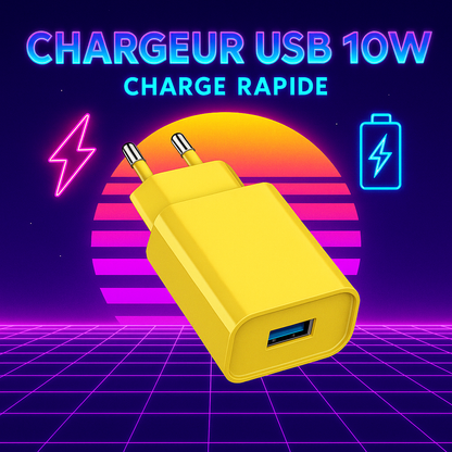 Chargeur mural USB 10W couleur jaune vif, illustré sur un fond rétro années 80 avec grille violette, coucher de soleil stylisé et icônes de charge néon – accessoire compatible RÉTRONIC Portable.