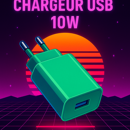 Chargeur mural USB 10W vert pastel en format carré, illustré dans un univers rétro-néon années 80 avec fond violet, soleil stylisé et grille futuriste – compatible console RÉTRONIC Portable.