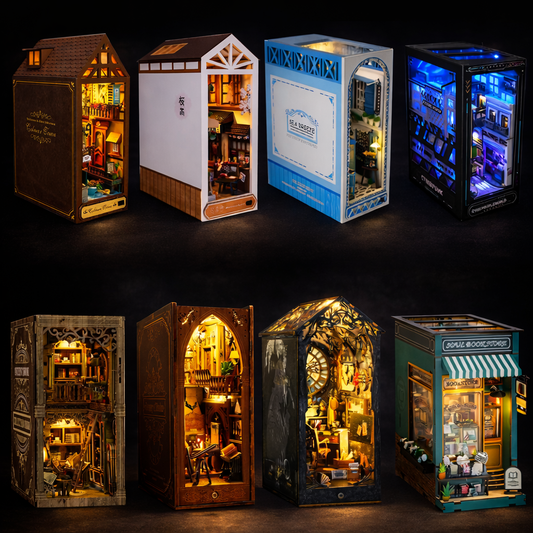 Collection de booknook LED miniatures en bois, dioramas lumineux pour bibliothèque avec univers rétro, féerique et futuriste