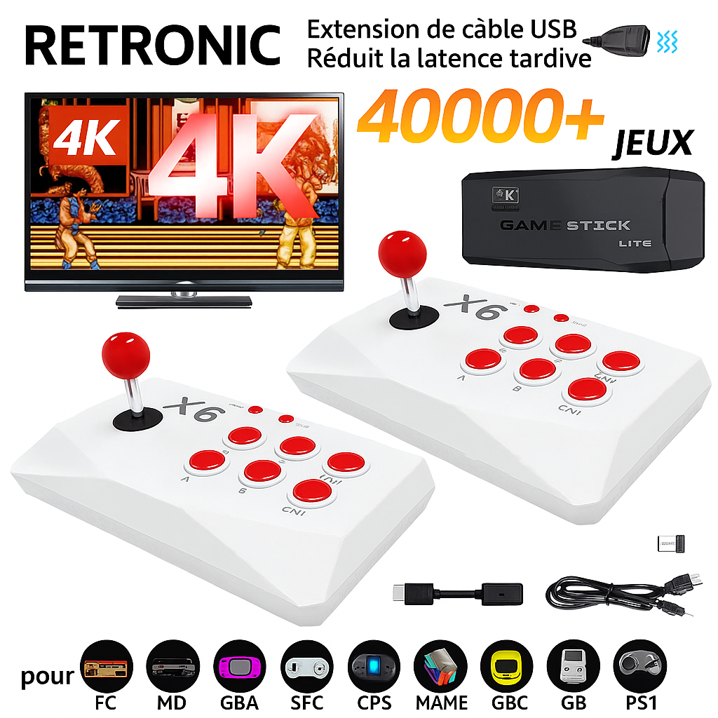 Console arcade HDMI Retronic avec 2 joysticks, 40 000 jeux rétro offerts, Game Stick 4K, compatible FC, GBA, MAME, PS1