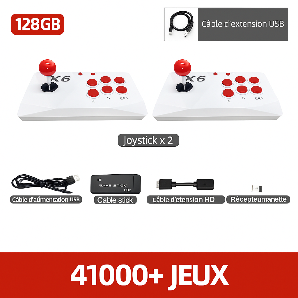 Borne arcade HDMI avec 2 sticks joystick, Game Stick 128 Go et 41 000 jeux inclus – pour téléviseur, rétro gaming plug & play
