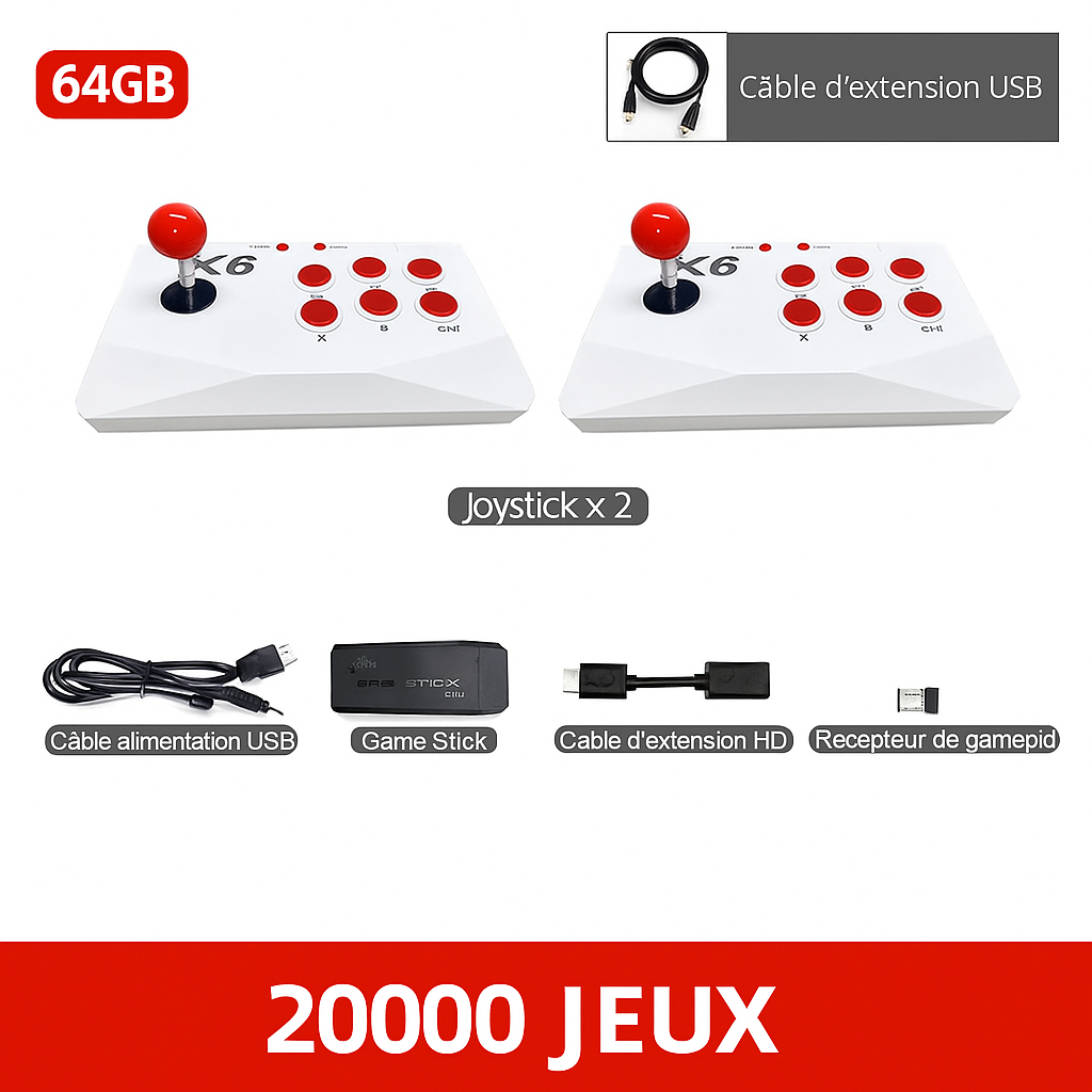 Console arcade TV HDMI 64 Go avec 2 joysticks et 20 000 jeux rétro offerts – compatible MAME, SNES, GBA, PS1