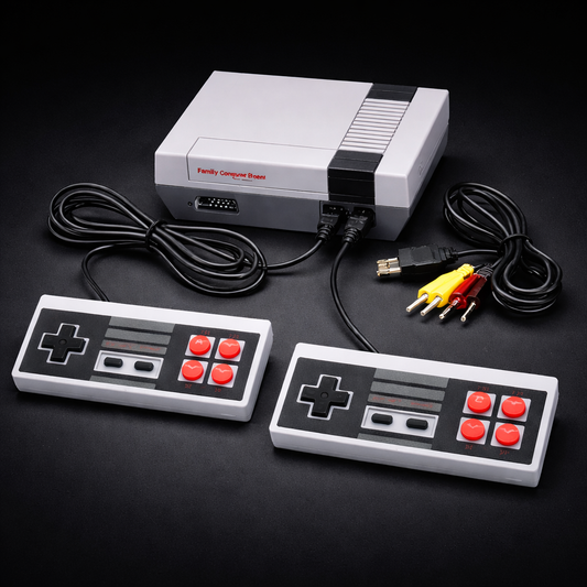 Console rétro 8-bit avec 620 jeux intégrés, deux manettes filaires et sortie AV, présentée sur fond noir avec éclairage frontal