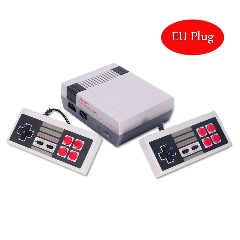Console rétro 8-bit avec 620 jeux intégrés, deux manettes filaires et prise européenne, présentée sur fond blanc