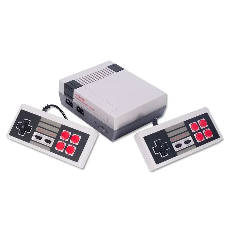 Console rétro 8-bit avec deux manettes filaires, présentée sur fond blanc