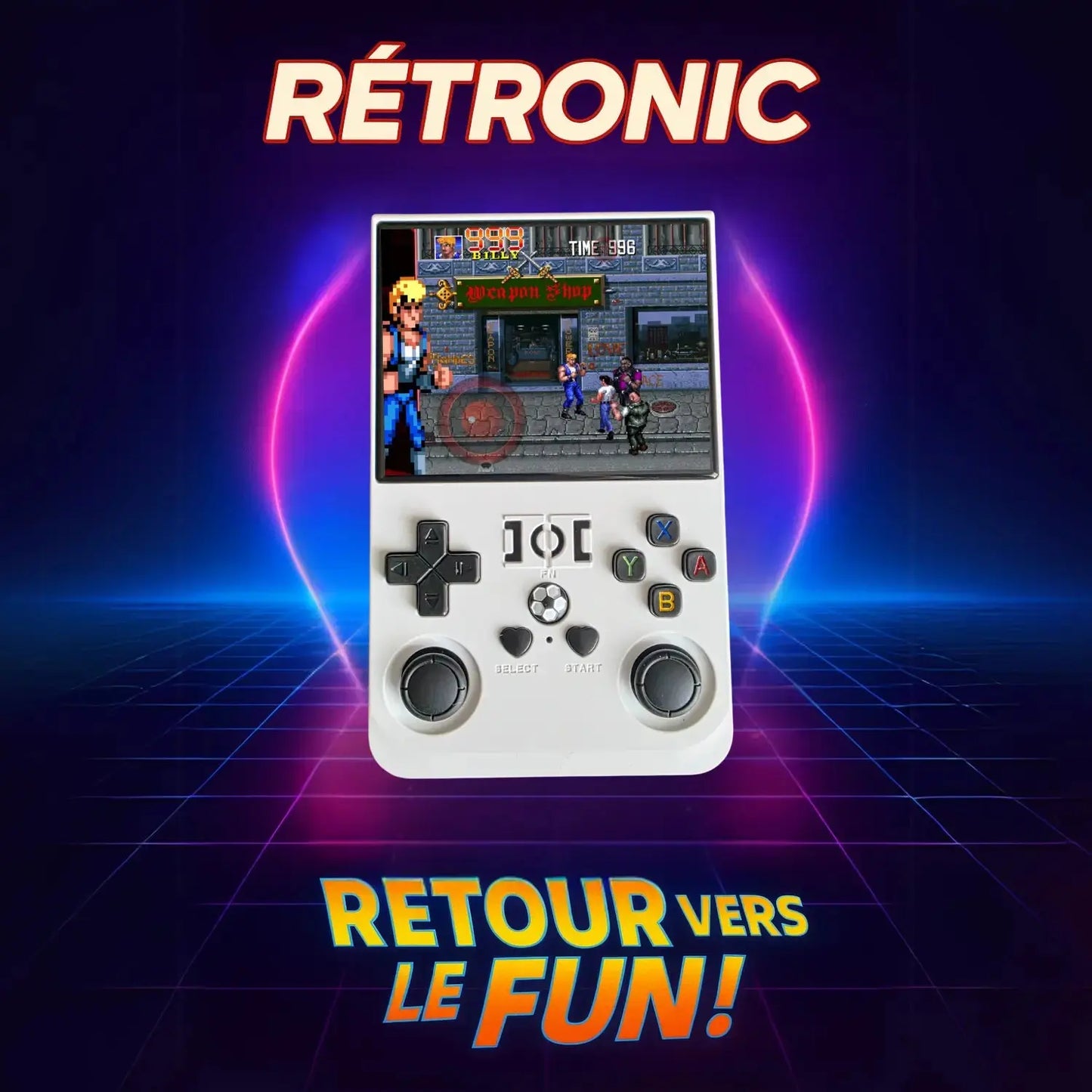 Console rétro RÉTRONIC blanche affichant un jeu de type beat’em up pixelisé, sur fond rétro futuriste avec slogan “Retour vers le fun”.
