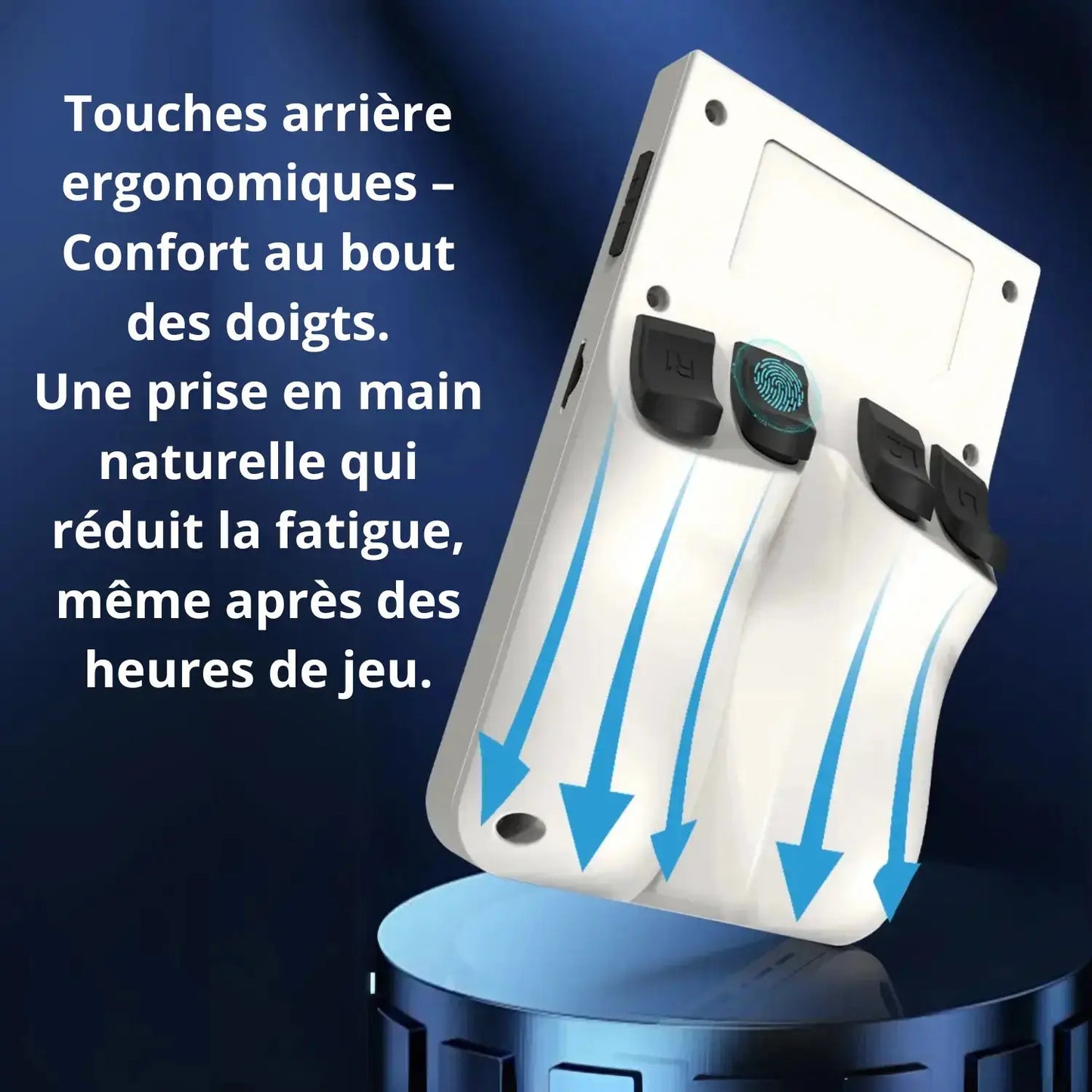 Vue arrière de la console RÉTRONIC blanche montrant les poignées ergonomiques et les gâchettes confortables pour une prise en main naturelle.