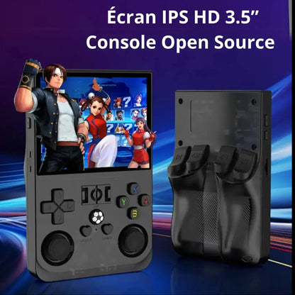 Console rétro RÉTRONIC avec écran IPS HD 3,5 pouces affichant un jeu de combat, vue avant et arrière.