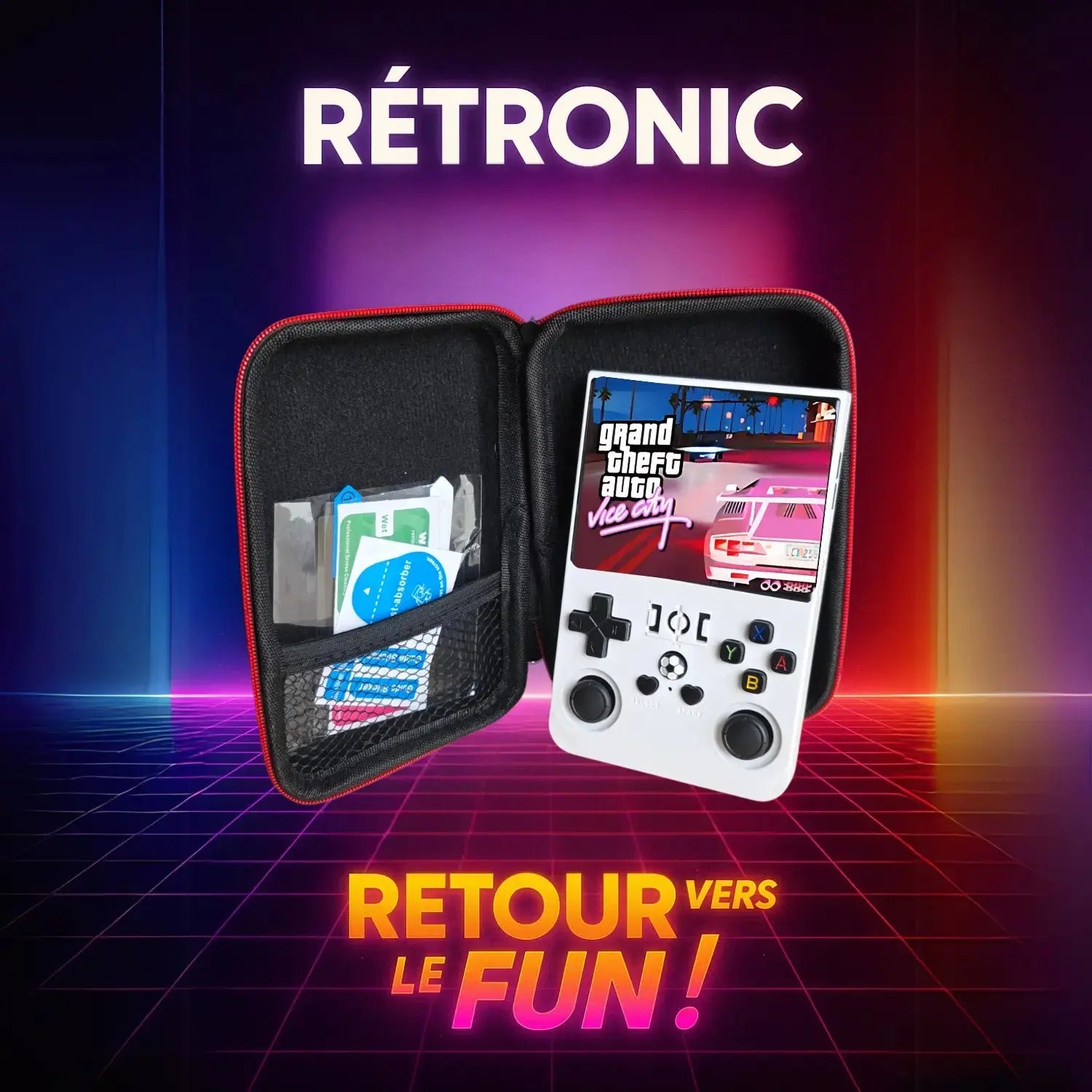 Console rétro RÉTRONIC blanche affichant GTA Vice City, présentée dans son étui de transport, sur fond rétro avec le slogan “Retour vers le fun”.