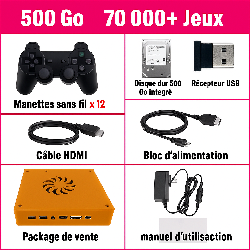 Console rétro RÉTRONIC ULTRA TV avec 70 000 jeux, manettes sans fil, disque dur 500 Go, câble HDMI, alimentation, et manuel d’utilisation – pack complet prêt à jouer.