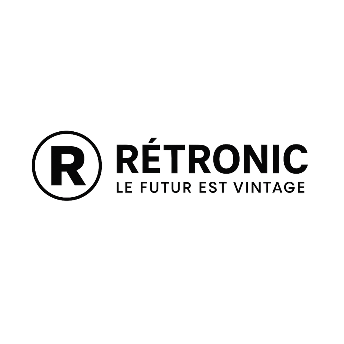 Logo RÉTRONIC noir avec grand R dans un cercle, accompagné du slogan 'Le futur est vintage', sur fond dégradé gris. Style épuré et moderne pour favicon ou en-tête de site e-commerce rétro-gaming.