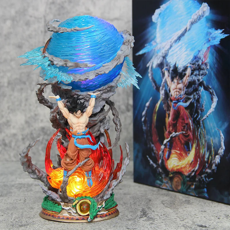 Figurine Dragon Ball Son Goku Spirit Bomb 25 cm avec effets énergie et visuel boîte collector en arrière-plan – Zone Bonus RÉTRONIC