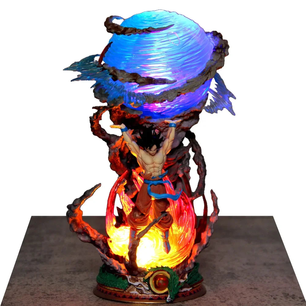 Figurine Dragon Ball Son Goku Spirit Bomb 25 cm avec effets lumineux LED, boule d’énergie bleue et socle feu – Zone Bonus RÉTRONIC