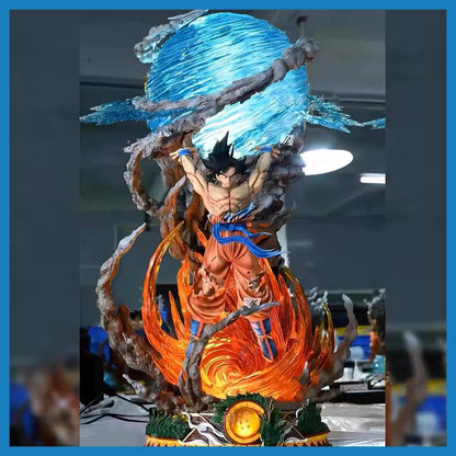 Figurine Dragon Ball Son Goku Spirit Bomb 25 cm en photo réelle, boule d’énergie bleue et socle feu lumineux – Zone Bonus RÉTRONIC