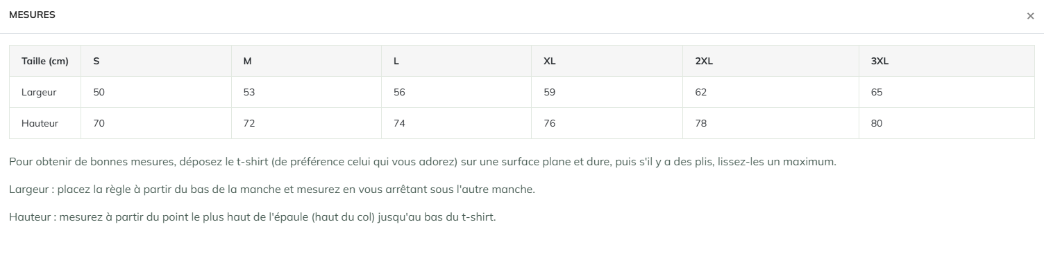 Tableau des tailles pour T-shirt unisexe Stanley/Stella du S au 3XL, avec largeur et hauteur en centimètres pour chaque taille, incluant instructions de mesure précises.