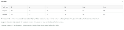 Tableau des tailles pour T-shirt unisexe Stanley/Stella du S au 3XL, avec largeur et hauteur en centimètres pour chaque taille, incluant instructions de mesure précises.