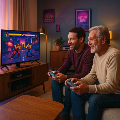Père et fils jouant ensemble à la console rétro RÉTRONIC TV Duo dans un salon cosy, concentrés sur un jeu de combat 2D affiché en 4K sur l’écran de télévision.