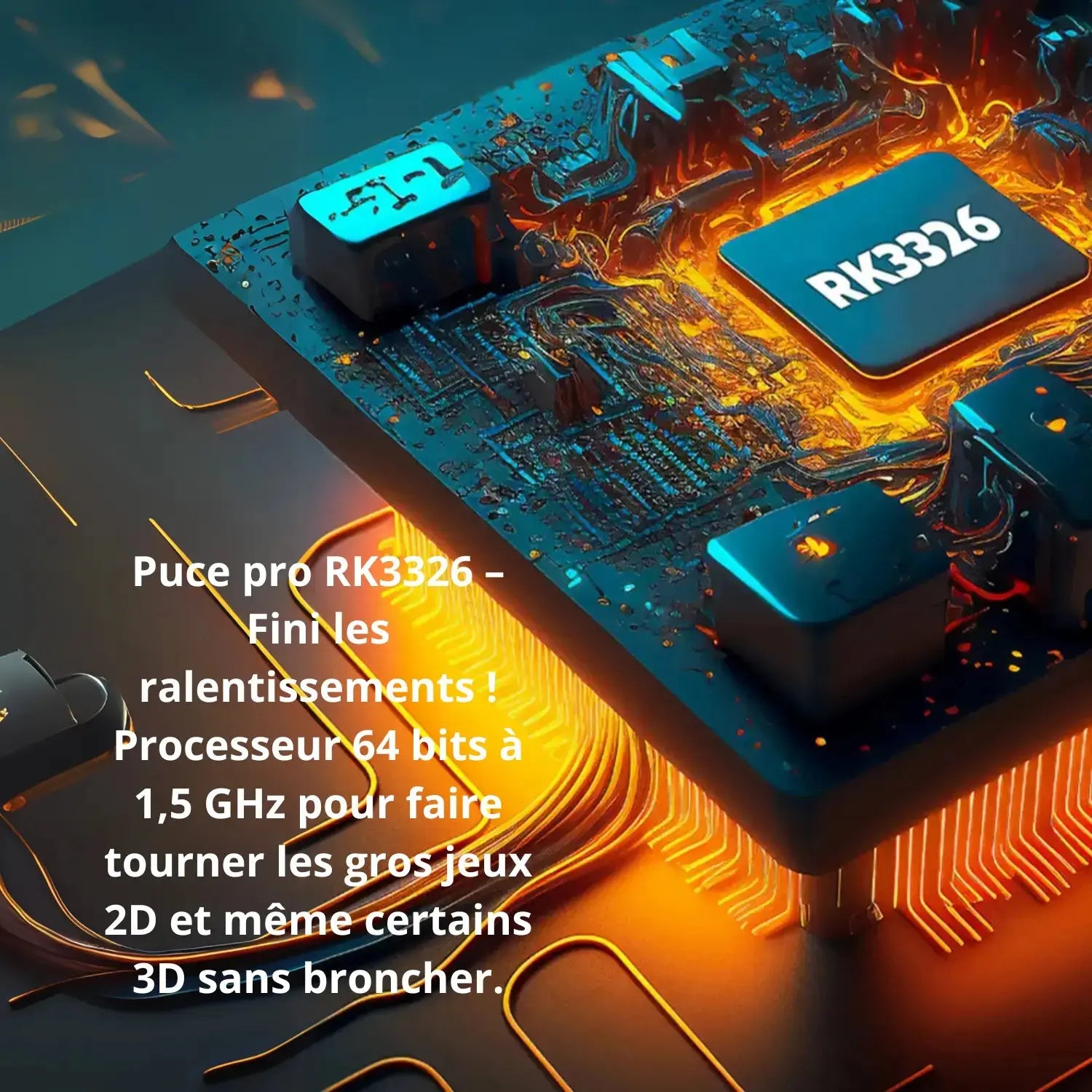 Zoom sur la puce RK3326 de la console RÉTRONIC, processeur 64 bits performant à 1,5 GHz pour jeux 2D et 3D fluides.