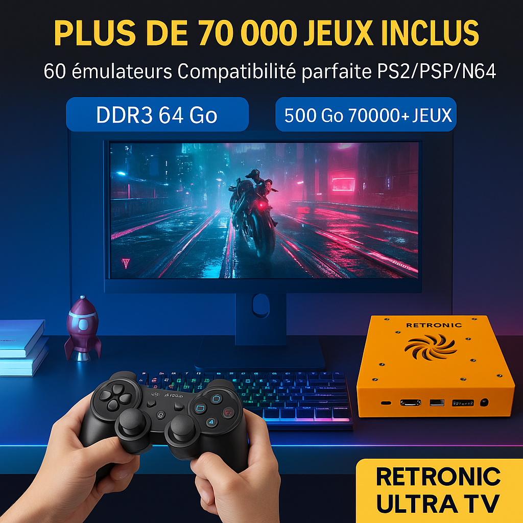 Setup de jeu avec la console RÉTRONIC ULTRA TV, affichant plus de 70 000 jeux inclus, 60 émulateurs compatibles PS2, PSP, N64, avec 64 Go DDR3 et disque dur 500 Go – rétro gaming moderne.