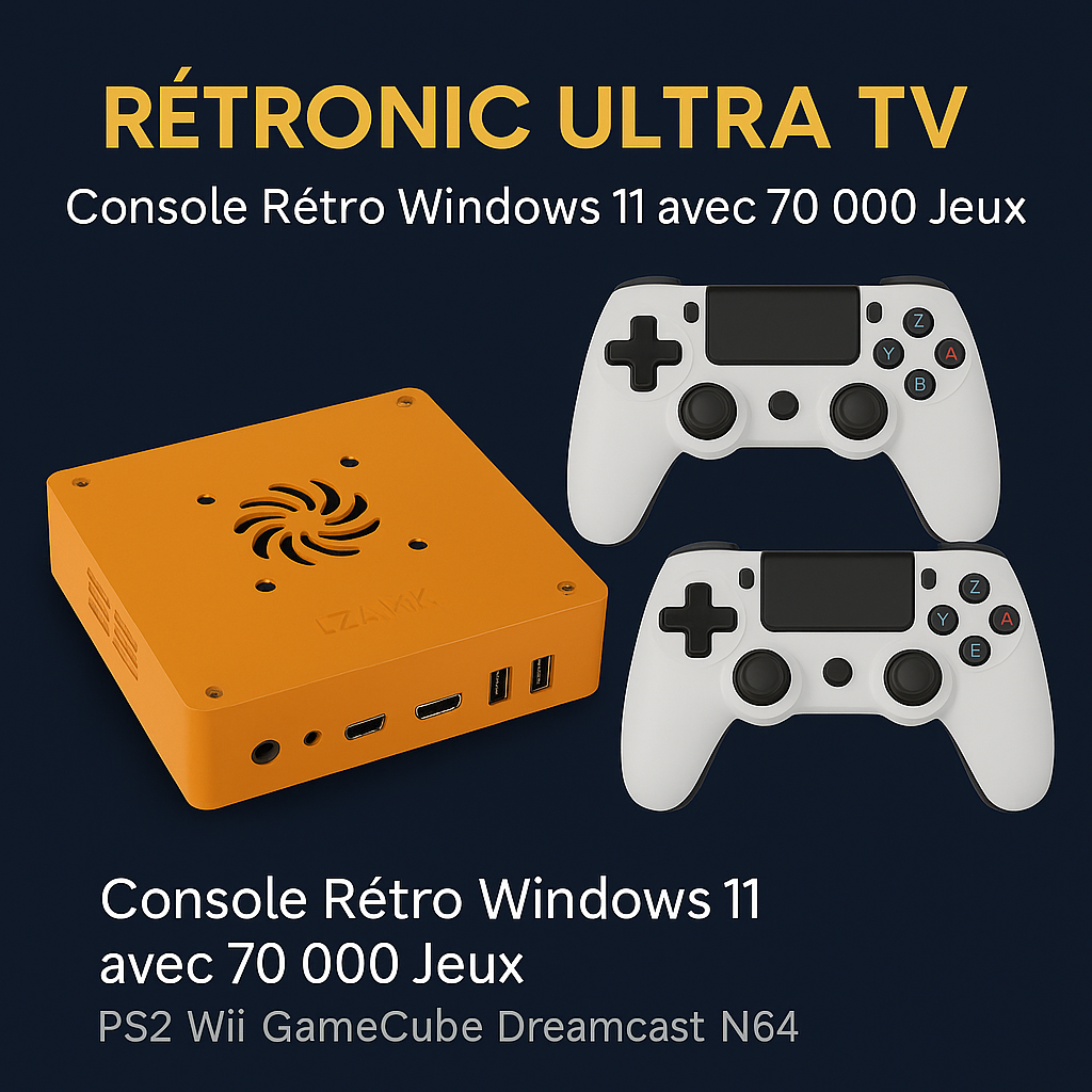 Image principale de la console RÉTRONIC ULTRA TV avec Windows 11, 70 000 jeux inclus, deux manettes sans fil blanches et compatibilité PS2, Wii, GameCube, Dreamcast, N64.
