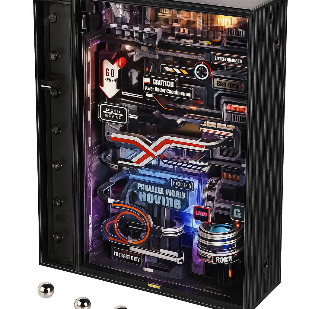 Maquette 3D ROKR Last City rétrofuturiste avec éclairage LED, piste à billes motorisée et design cyberpunk