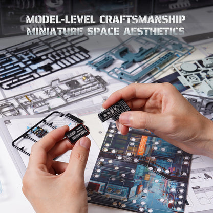 Mains assemblant une pièce de la maquette ROKR Marble Run, sur fond de plans de montage et pièces détachées, thème cyberpunk.