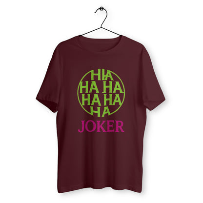 T-shirt bordeaux unisexe avec design Joker "HAHAHA" en vert fluo et logo rose, humour noir et style comics, impression coton bio de qualité – Rétronic