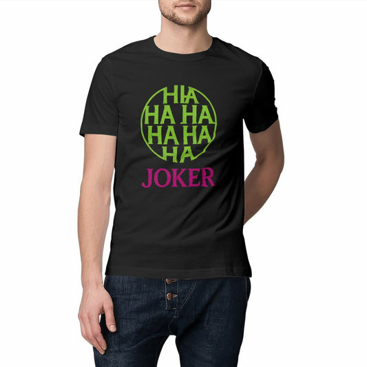 T-shirt noir Joker avec motif "HAHAHA" vert en cercle et lettrage violet, design stylisé chaos, coupe unisexe en coton bio – modèle par Rétronic
