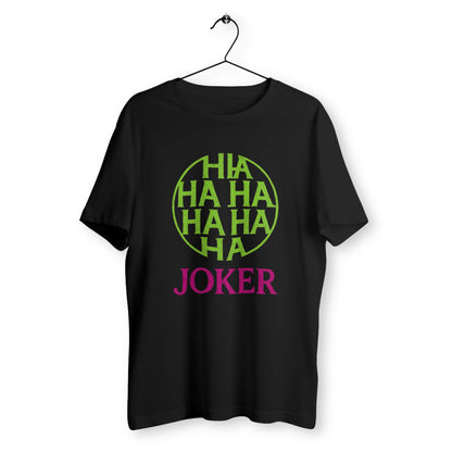 T-shirt noir unisexe avec design Joker "HAHAHA" vert fluo et typographie rose, style graphique percutant inspiré comics, en coton bio – signé Rétronic
