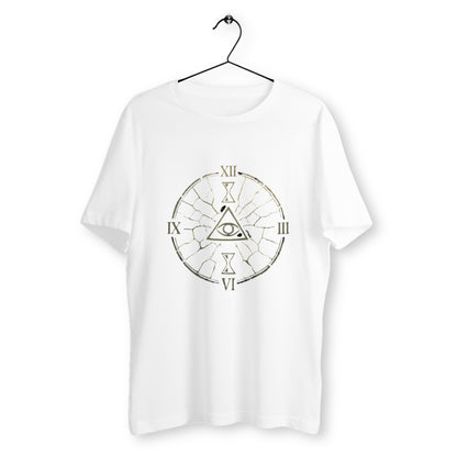 T-shirt blanc avec symbole ésotérique "Œil du Temps", design mystique doré représentant une horloge fracturée autour d’un œil central.