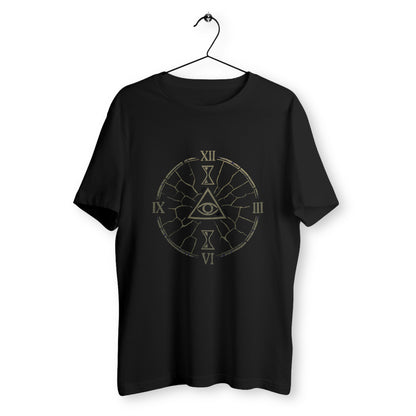 T-shirt noir avec symbole ésotérique "Œil du Temps", design doré représentant une horloge mystique fracturée autour d’un œil central.
