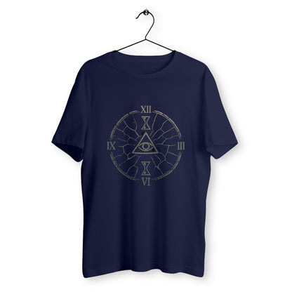 T-shirt bleu marine avec design ésotérique doré représentant un œil central dans un triangle, entouré d’une horloge fracturée.