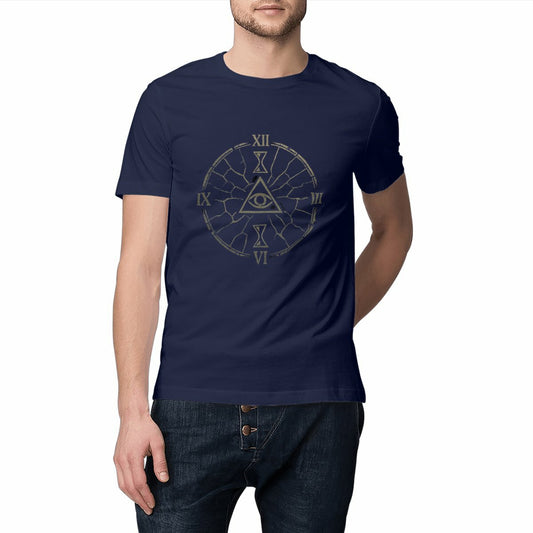 T-shirt bleu marine "L’Œil du Temps" avec symbole ésotérique doré représentant une horloge mystique et un œil central, style antique et mystérieux.
