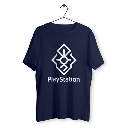 T-shirt bleu marine suspendu sur cintre avec logo mystique blanc inspiré de PlayStation, design géométrique et symbolique, coupe unisexe.