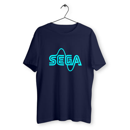 T-shirt bleu marine suspendu sur cintre avec logo SEGA stylisé en néon bleu ondulé, design rétro gaming années 90, coupe unisexe.